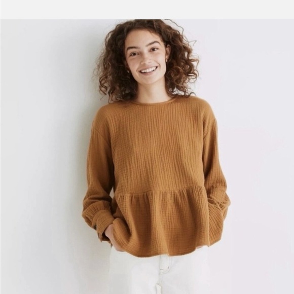 Madewell Tops - Madewell Gauze Button Back Peplum Blouse Mustard Yellow